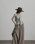 DOINDULGE Draped Asymmetric Wide-Leg Trousers in Textured Stripe