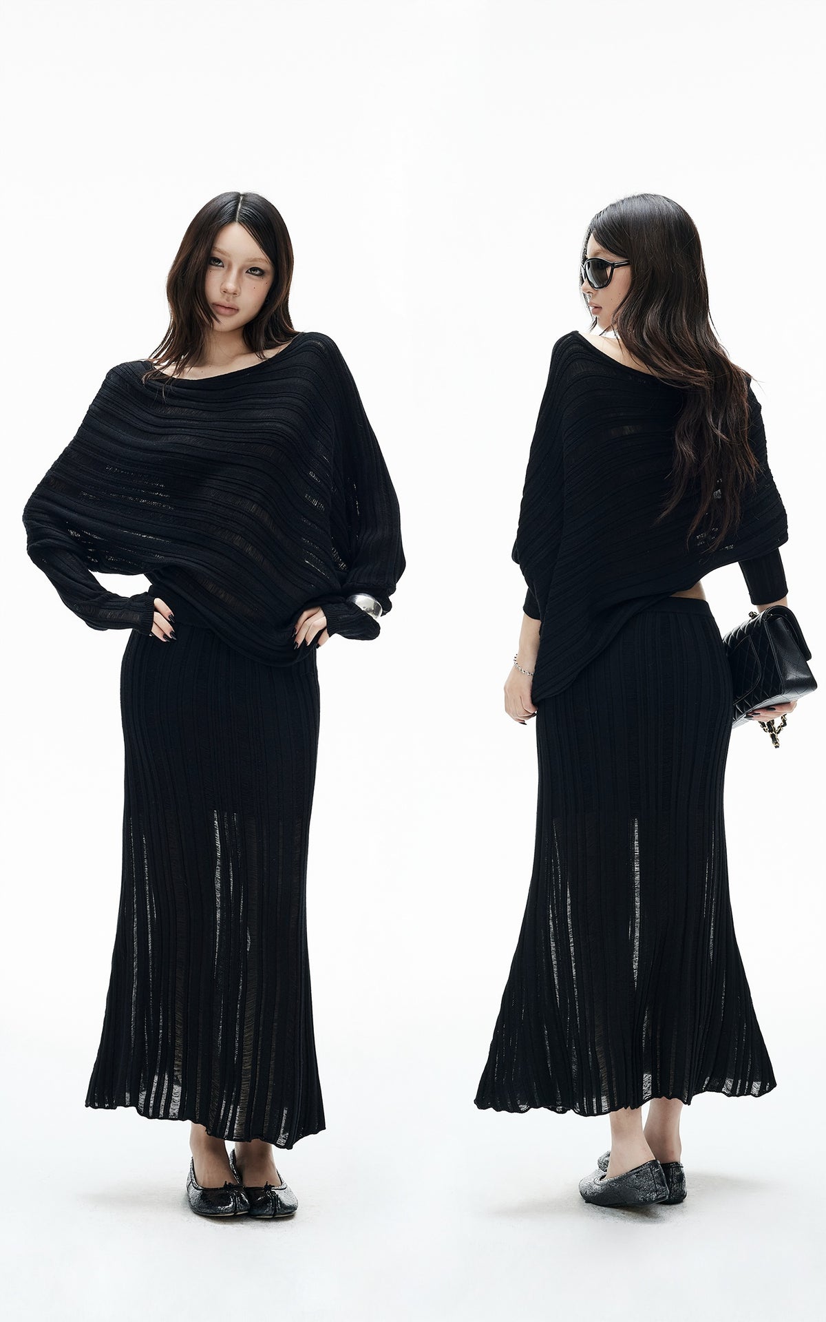 IAMXIAA Asymmetric Off-Shoulder Sheer Knit Top &amp; Maxi Skirt Set