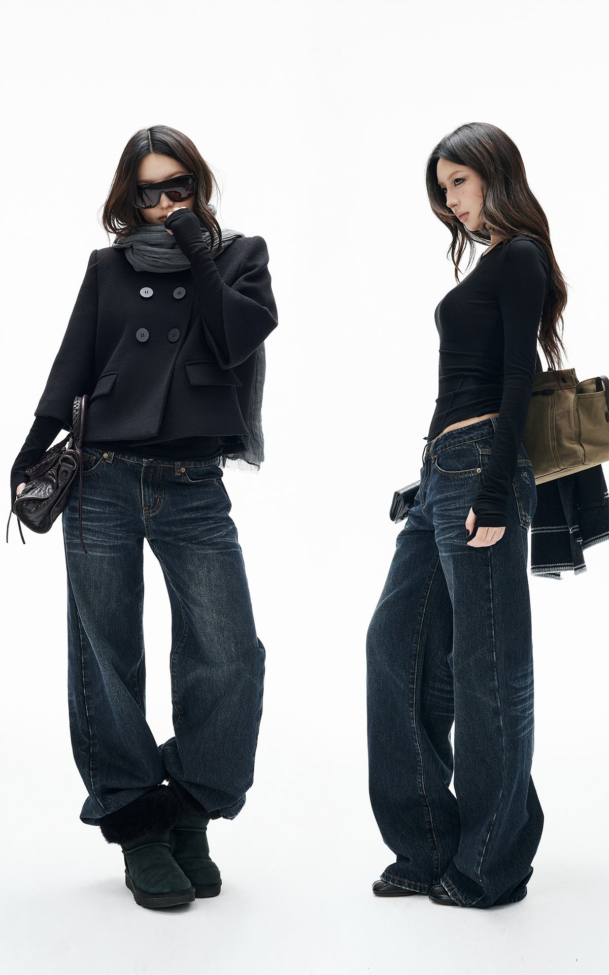 IAMXIAA Low-Rise Vintage Whisker Wash Baggy Wide-Leg Jeans