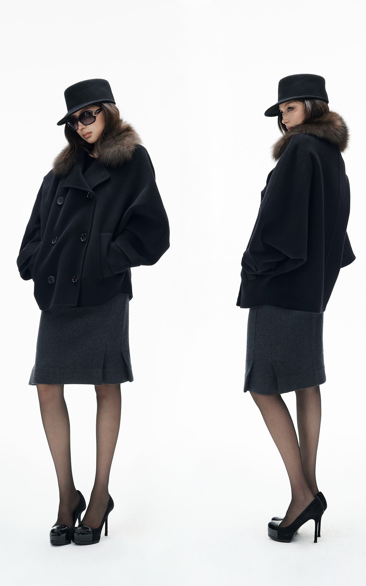IAMXIAA Fur Collar Oversized Double-Breasted Short Coat