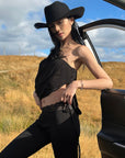 ROVENTE Lace Trim Tie Waist Flared Pants