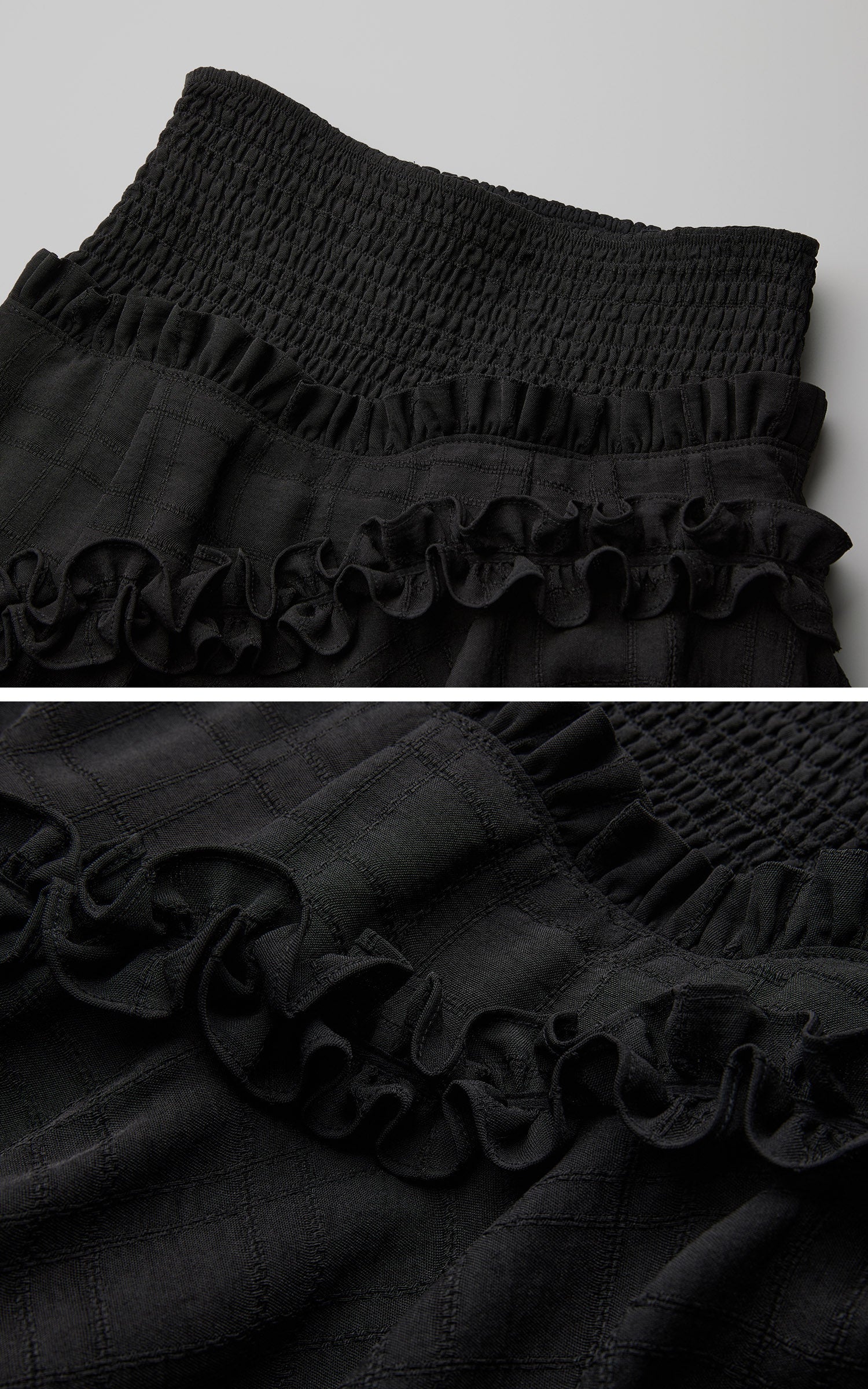 DOINDULGE Ruched Waist Asymmetric Ruffle Plaid Maxi Skirt