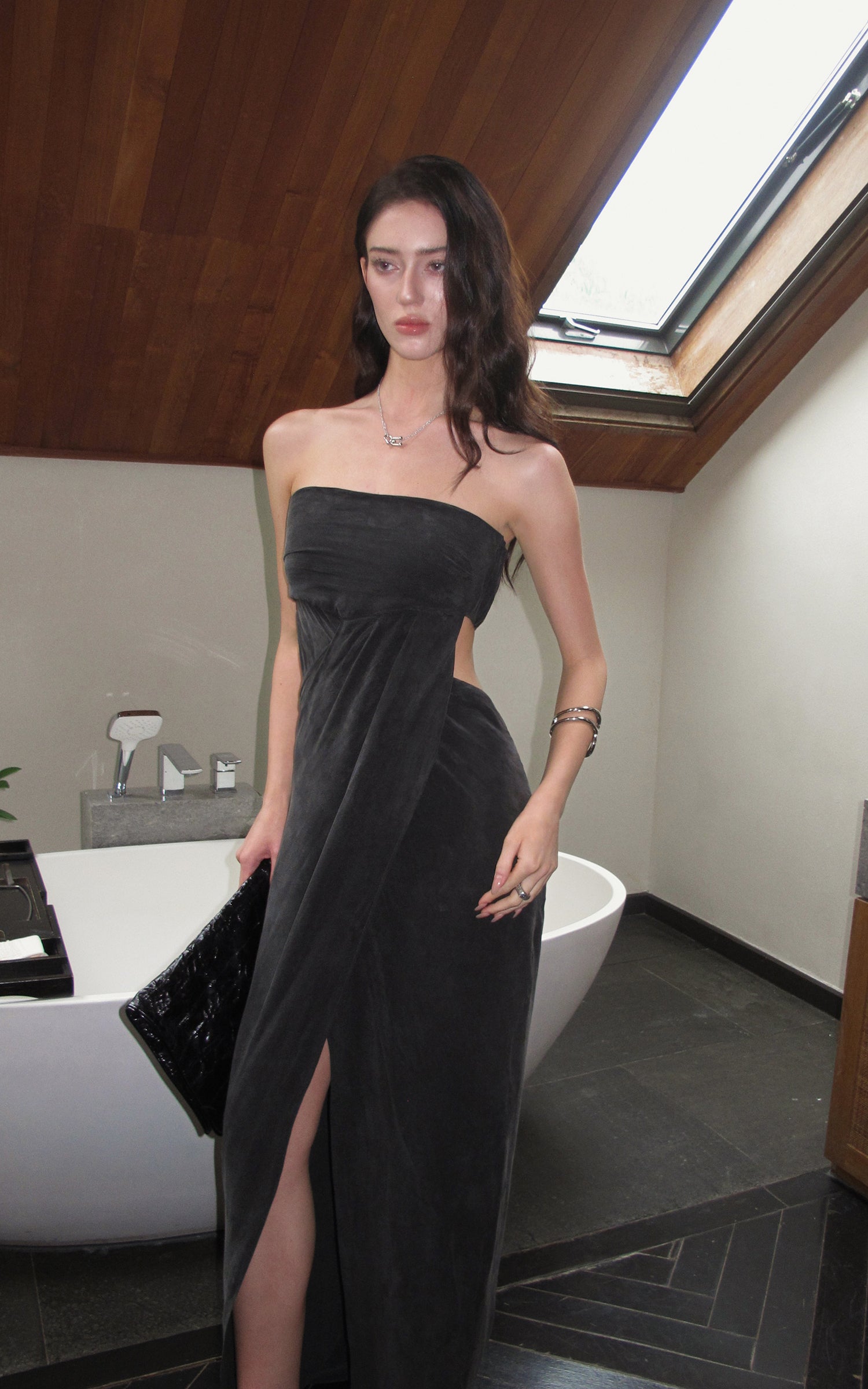 0122stepll Strapless Draped Cut-Out Maxi Dress