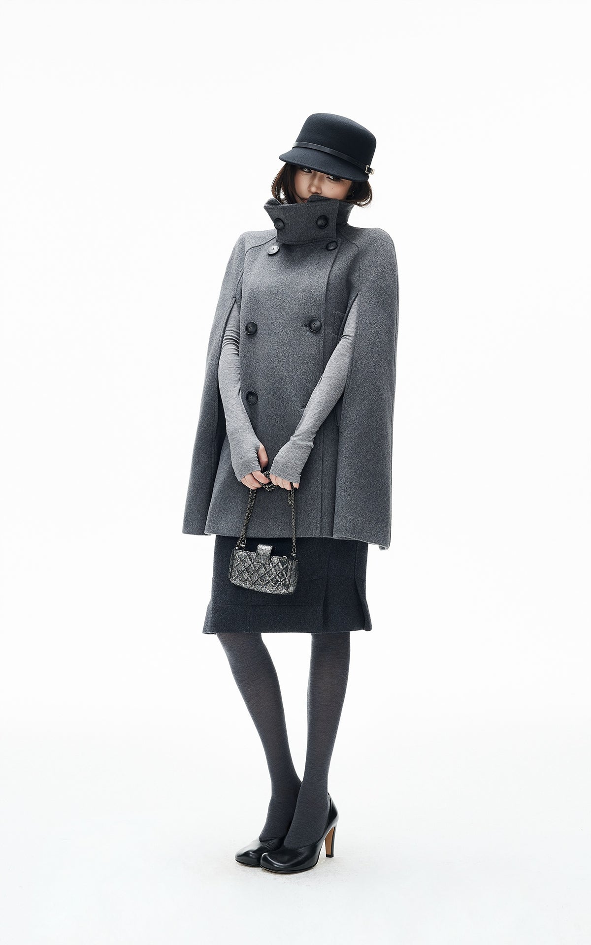 IAMXIAA Sculpted High-Neck Double-Breasted Cape Coat with Open Arm Slits