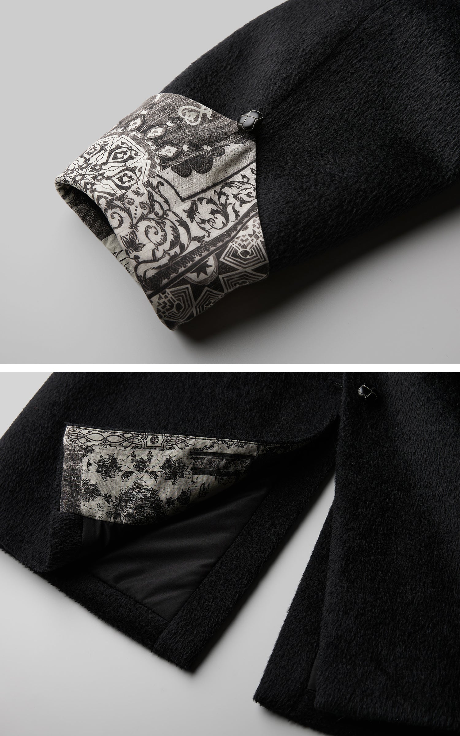 DOINDULGE Fringe-Detail Long Coat with Contrasting Patterned Lining