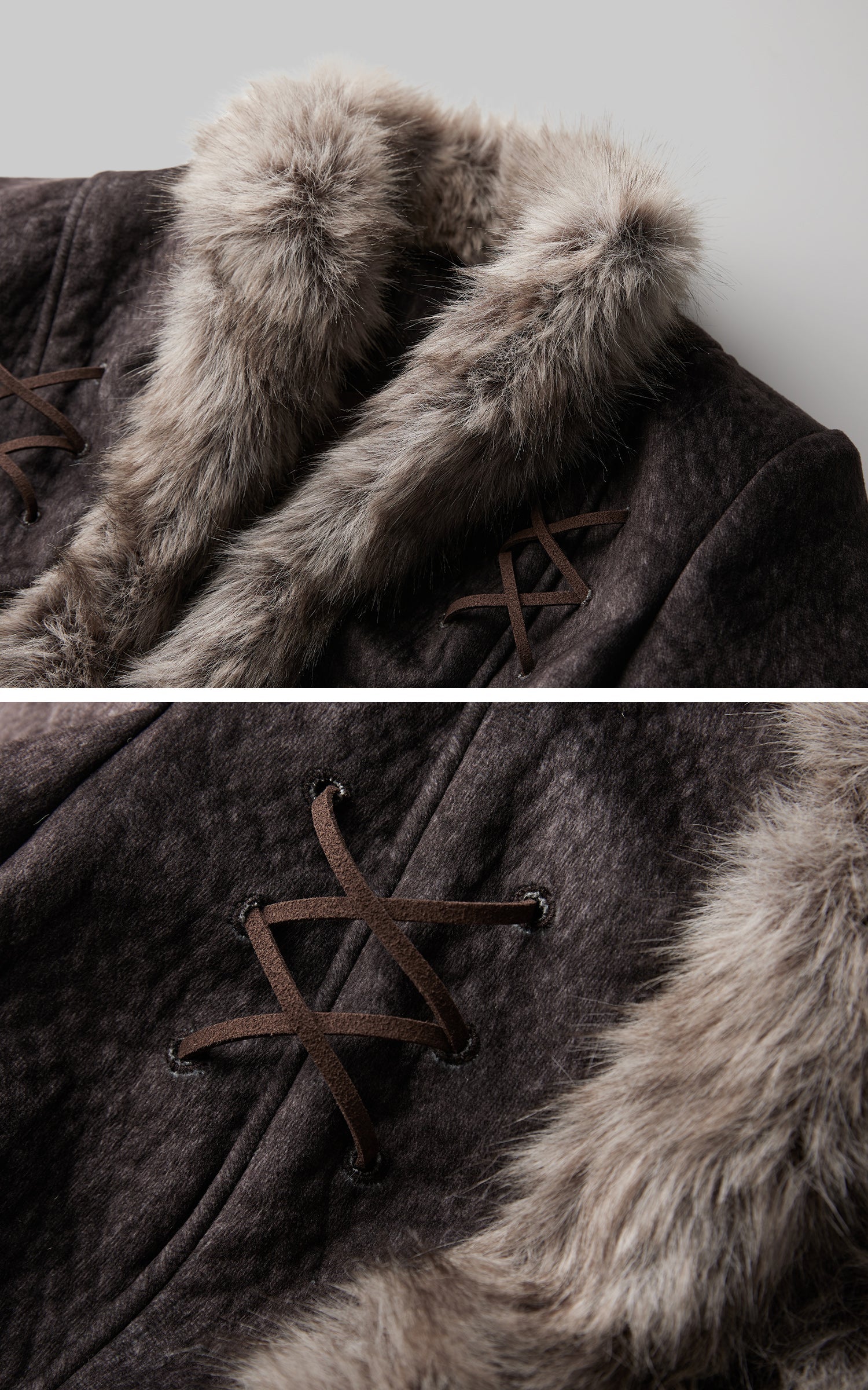 DOINDULGE Faux Fur-Trim Textured Jacket with Cross-Lace Details