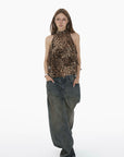 IAMXIAA Leopard Print Ruffle Tank Top Halter Neck Sheer Layered Vest