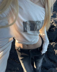 Rase le sol T-shirt à manches longues asymétrique à une épaule avec imprimé photo