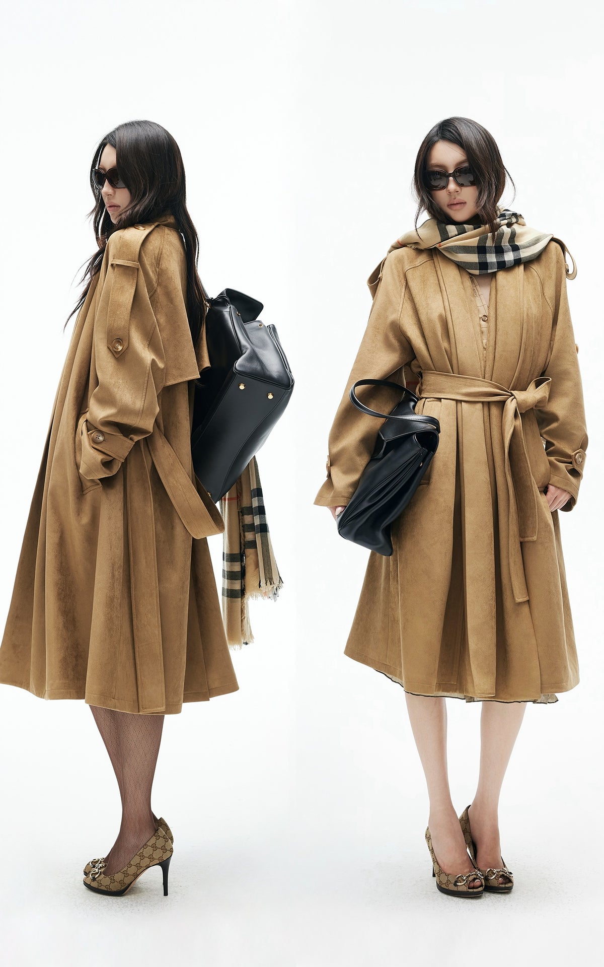 IAMXIAA Manteau trench en suédine drapé avec ceinture