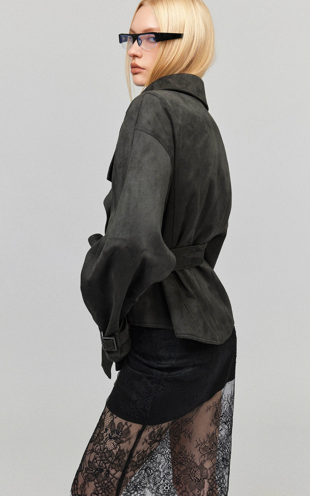 0122stepll Washed Suede Belted Biker Jacket