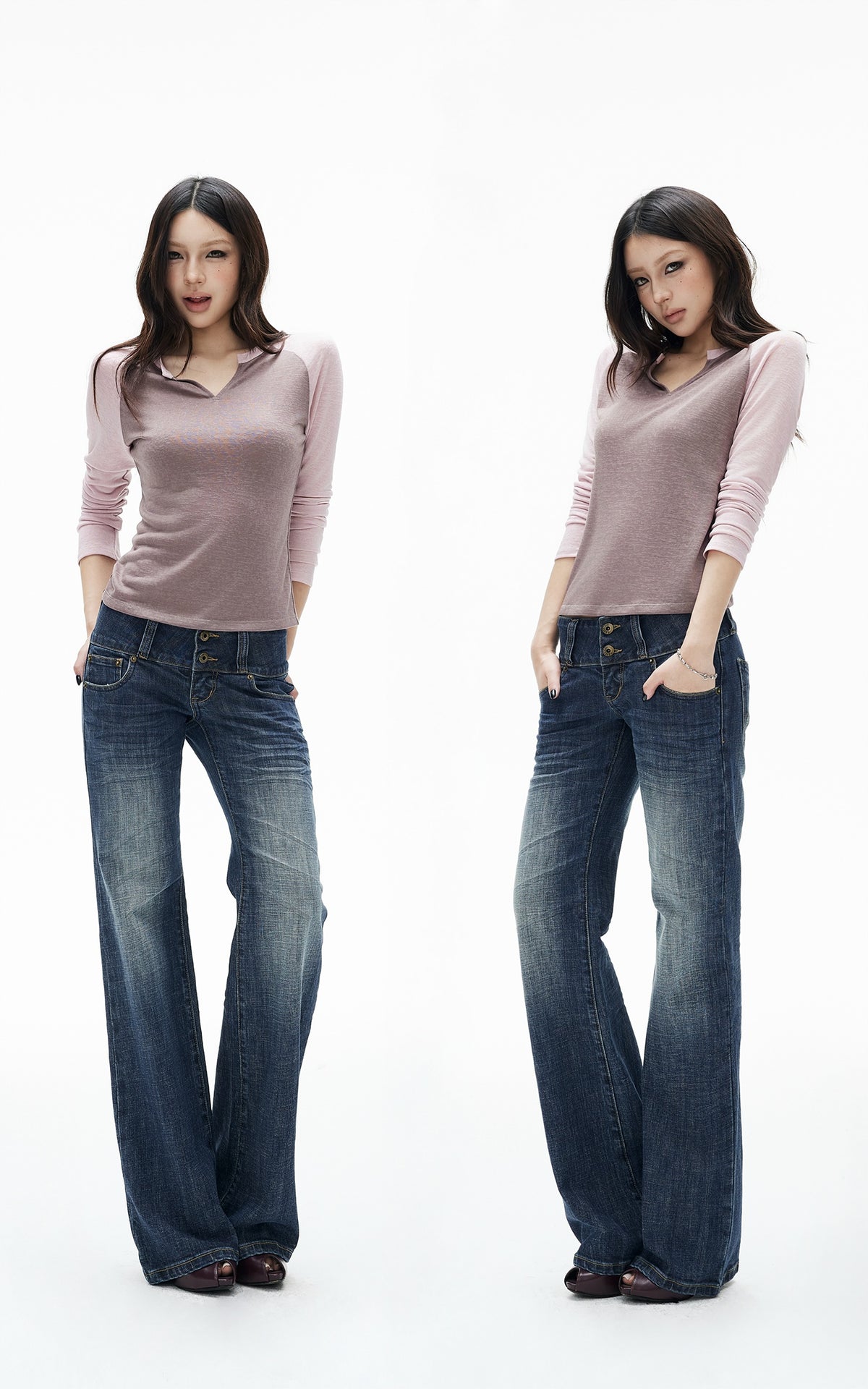 IAMXIAA Colorblock Raglan Sleeve Notch Neck Long Sleeve Top