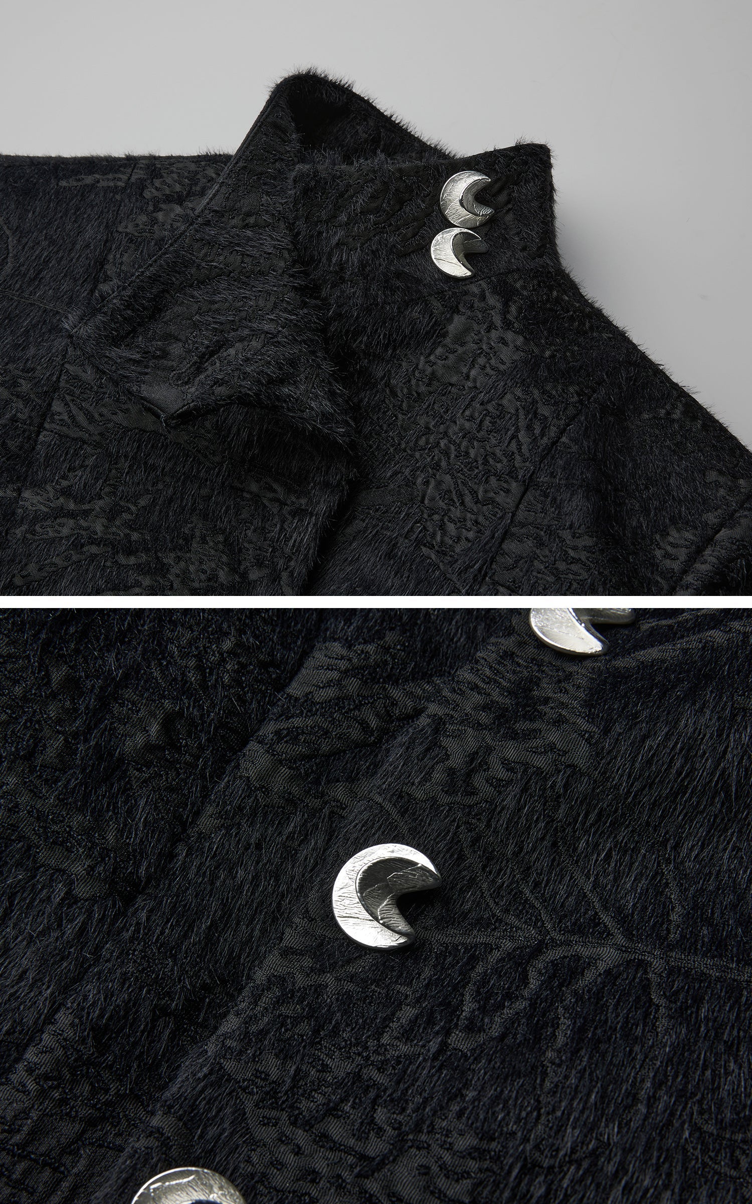 DOINDULGE High-Neck Textured Jacket with Crescent Button Detail