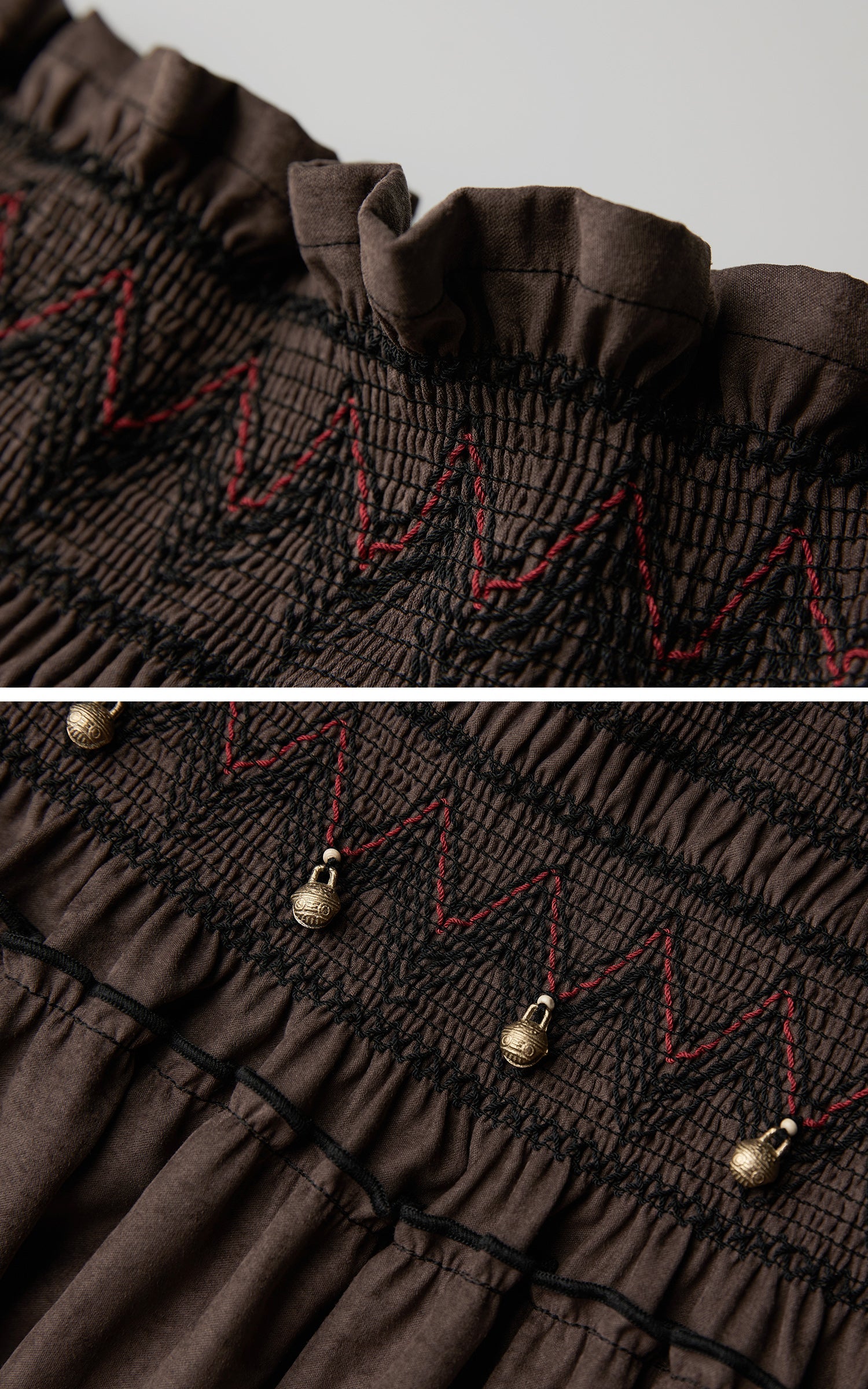 DOINDULGE Textured Tiered Maxi Skirt with Embroidery &amp; Smocked Waist