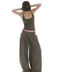 IAMXIAA Ribbed Button Tank and Wide Leg Drawstring Pants Two-Piece Set
