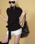 0122stepll Deconstructed Cable Knit Belted Turtleneck Vest