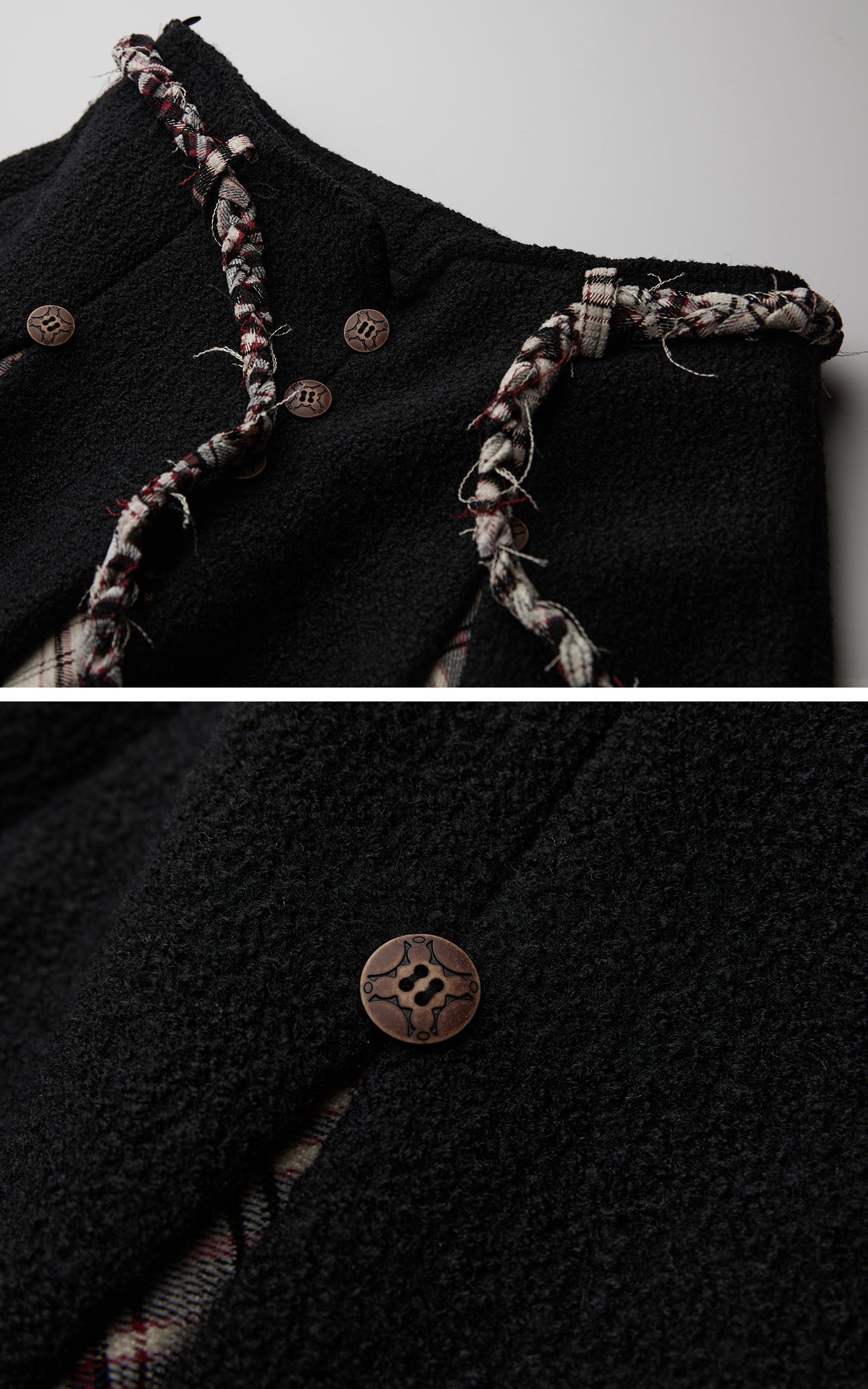 DOINDULGE Panelled Wool Skirt with Braided Trim and Tartan Inserts
