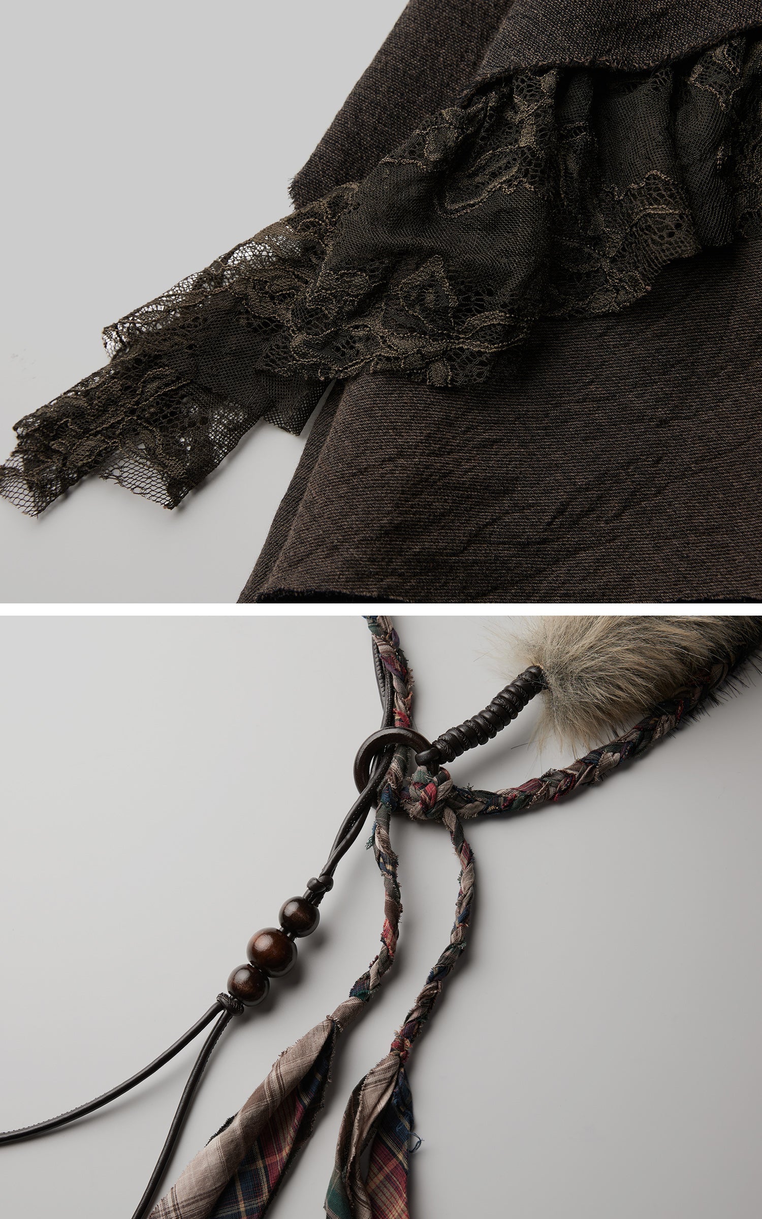 DOINDULGE Layered Asymmetric Skirt with Braided Belt and Fur Accent