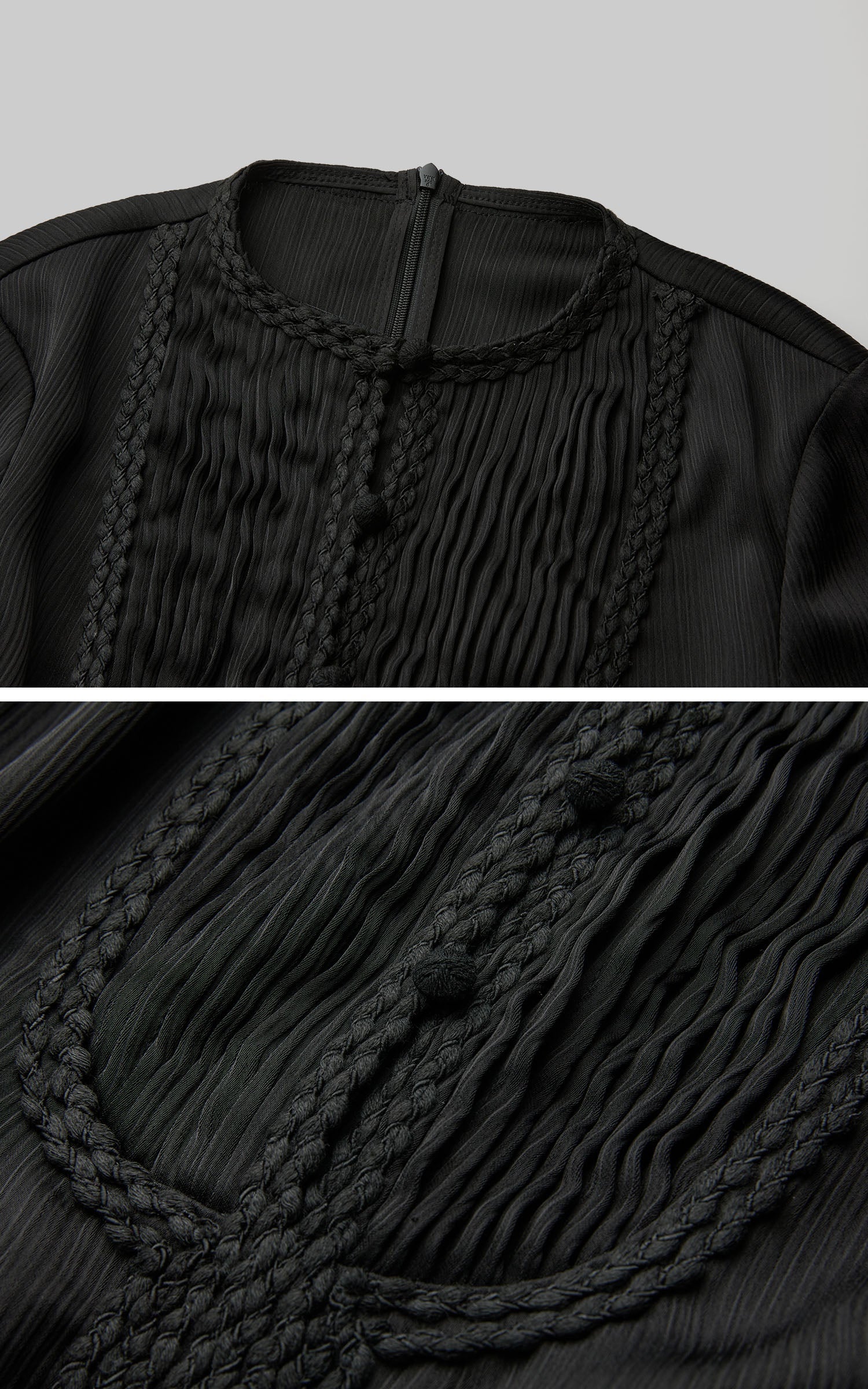 DOINDULGE Pleated Panel Braided Waist Long Sleeve Sculptural Maxi Dress