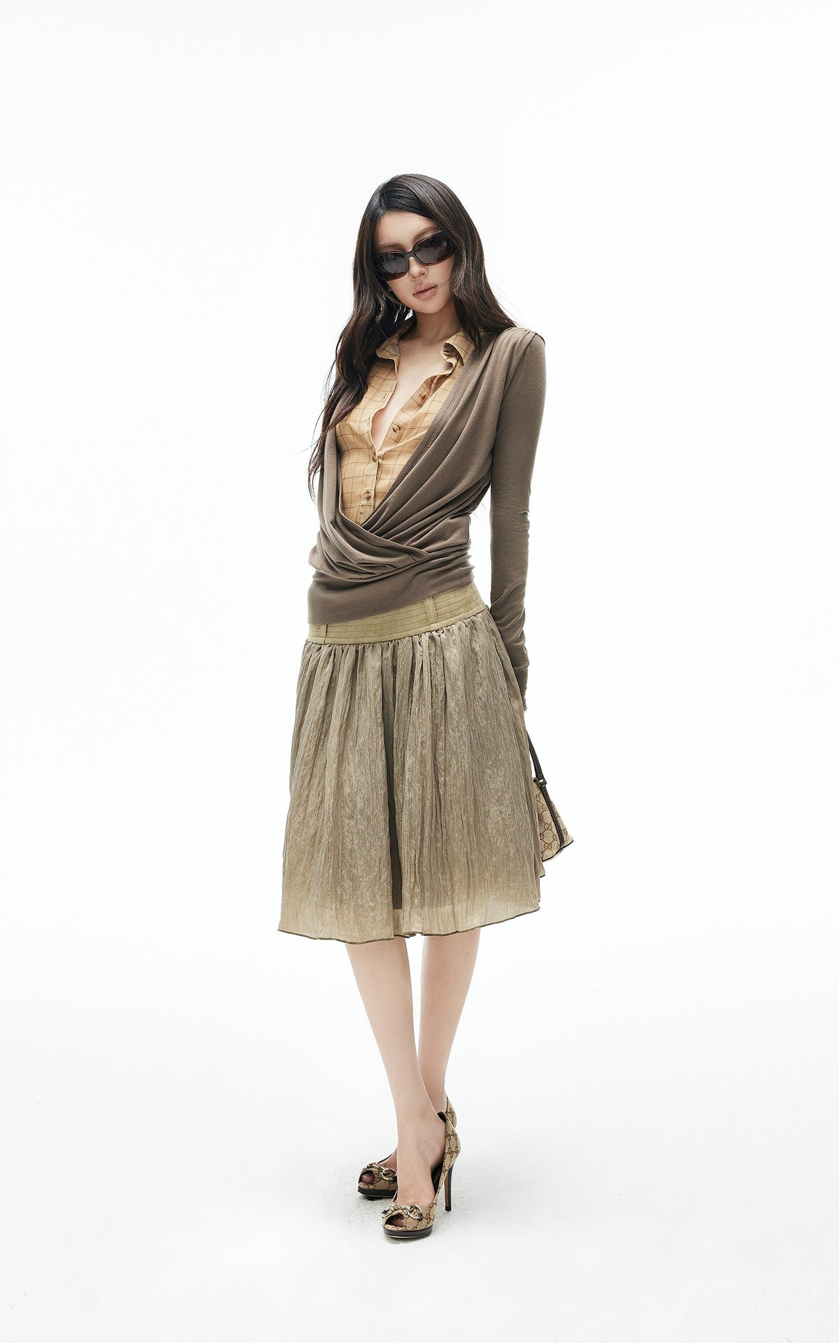 IAMXIAA Plaid Layered Draped Long Sleeve Top