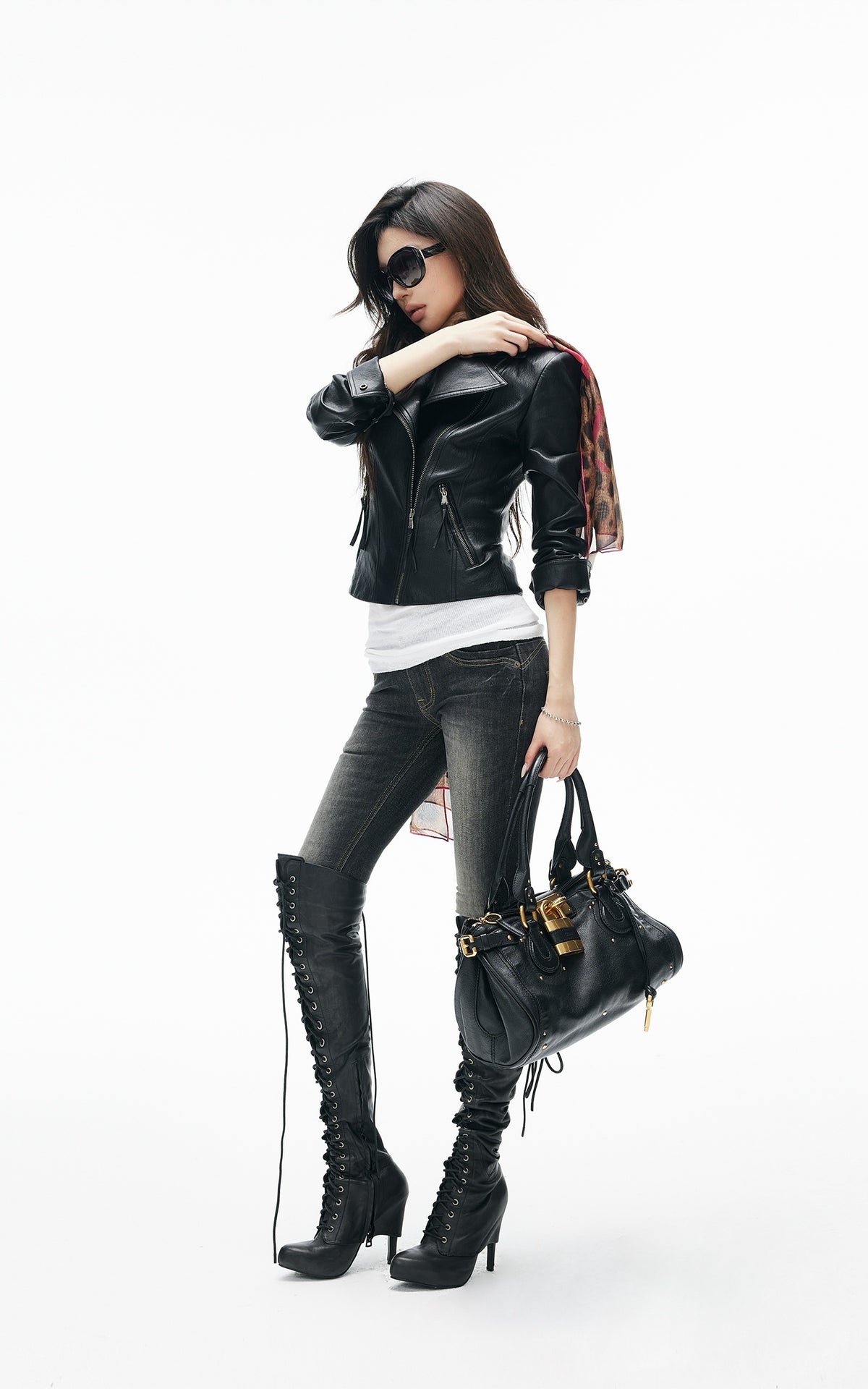 IAMXIAA Veste en cuir moto noire sculptée
