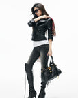 IAMXIAA Veste en cuir moto noire sculptée