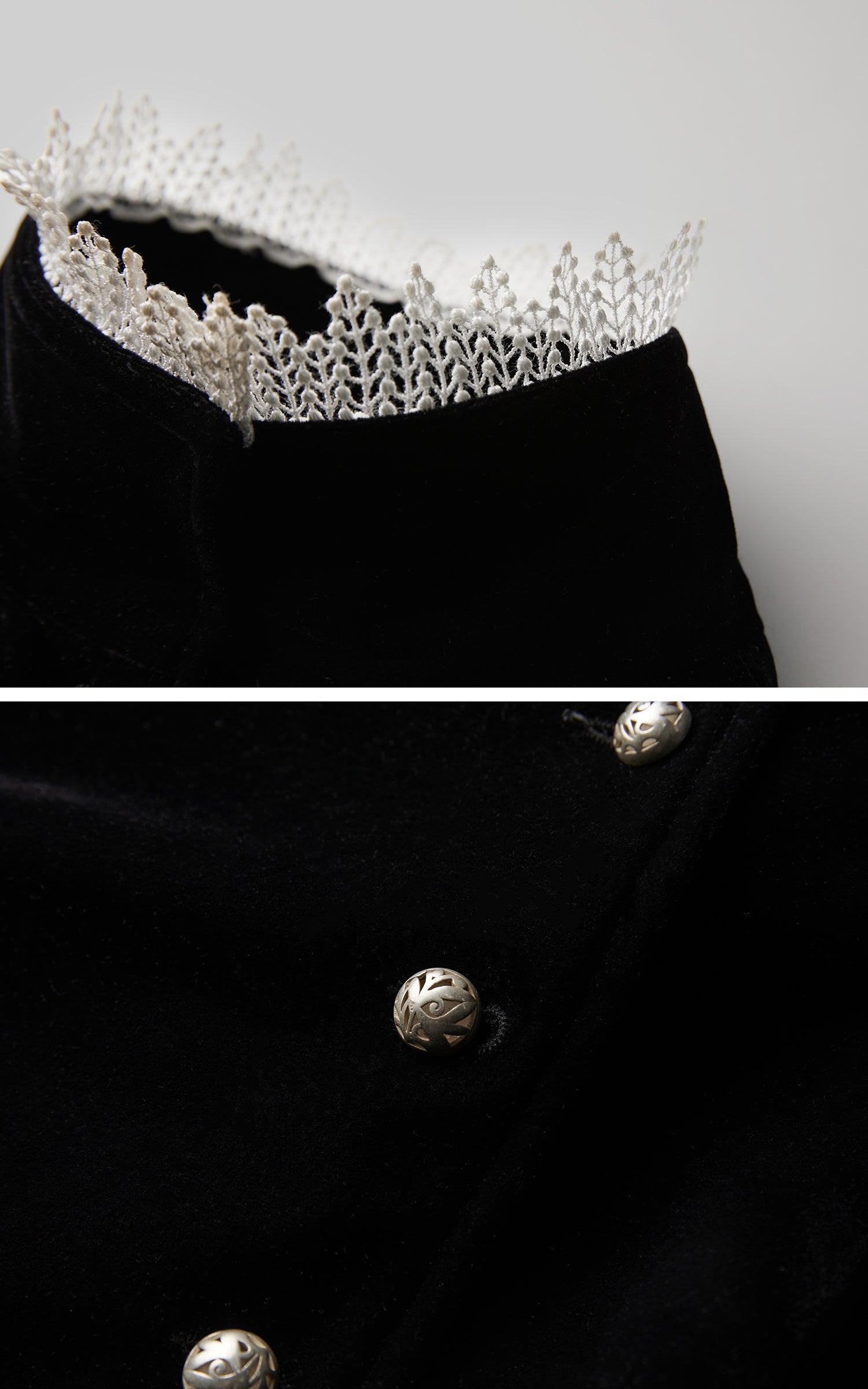 DOINDULGE Velvet Sculpted Jacket with Lace Collar &amp; Antique Buttons