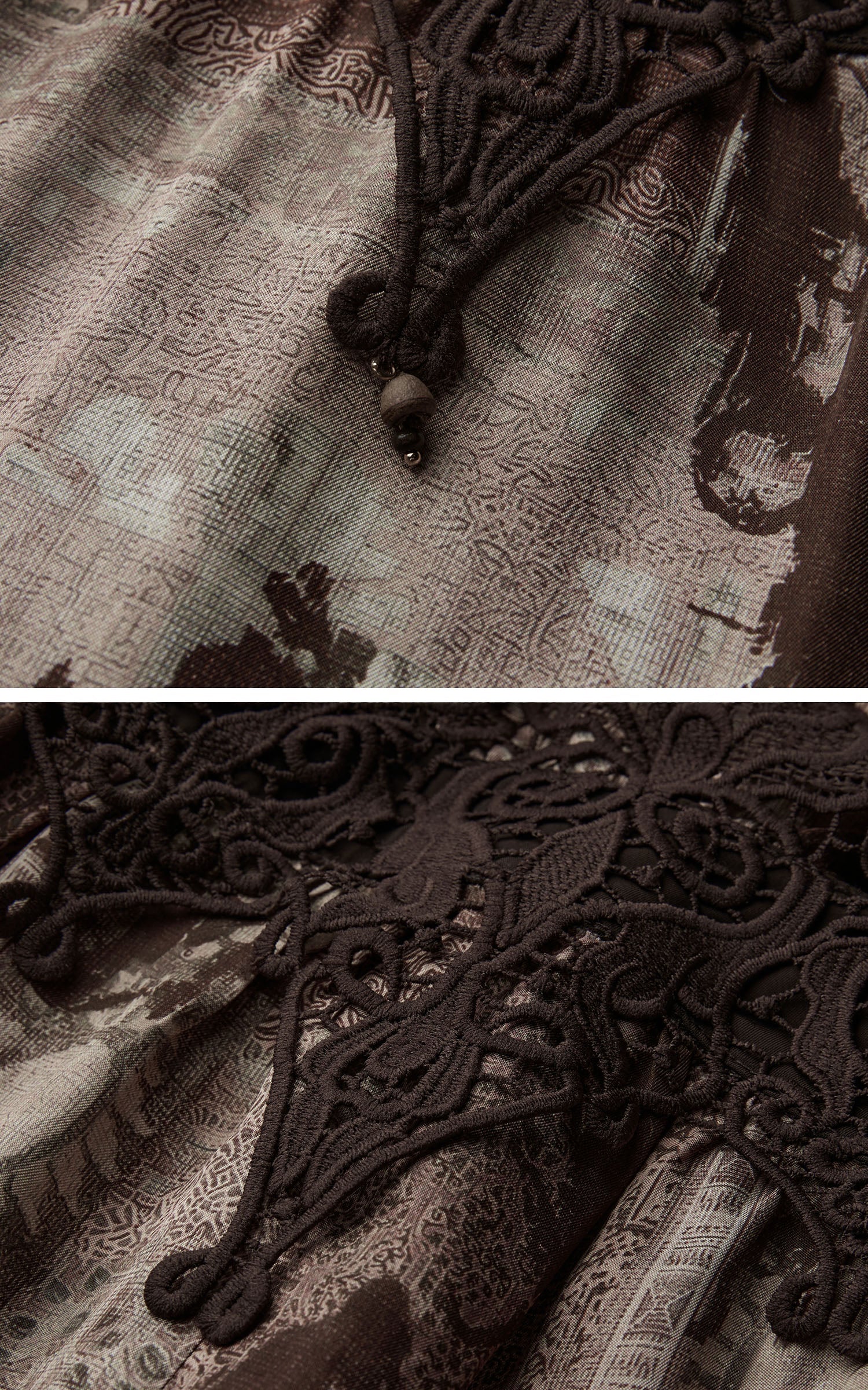 DOINDULGE Distressed Archive Print High Neck Long Sleeve Dress with Lace Waist Structure