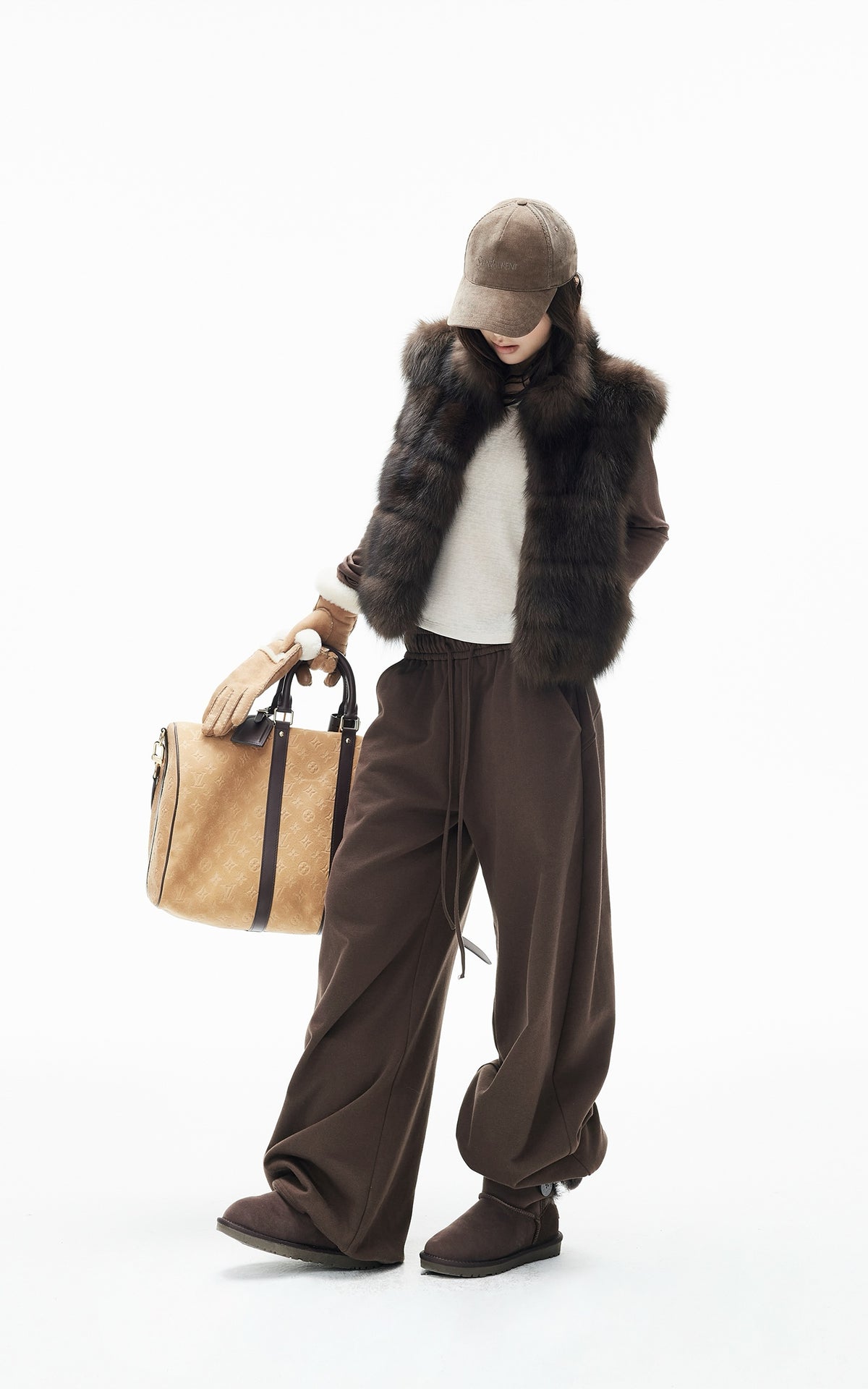 IAMXIAA Chocolate Brown Oversized Collar Fox Fur Sleeveless Vest