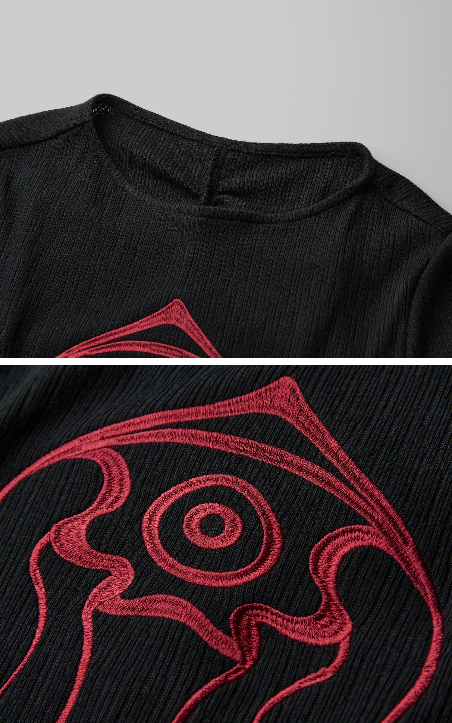 DOINDULGE Embroidered Eye Graphic Ribbed Long Sleeve T-Shirt