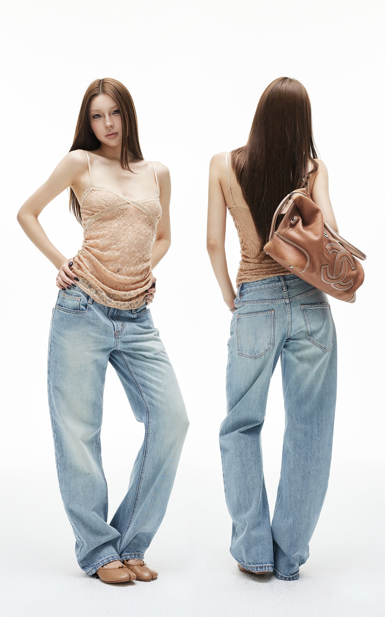 IAMXIAA ウォッシュド ローライズ ストレートレッグ ジーンズ