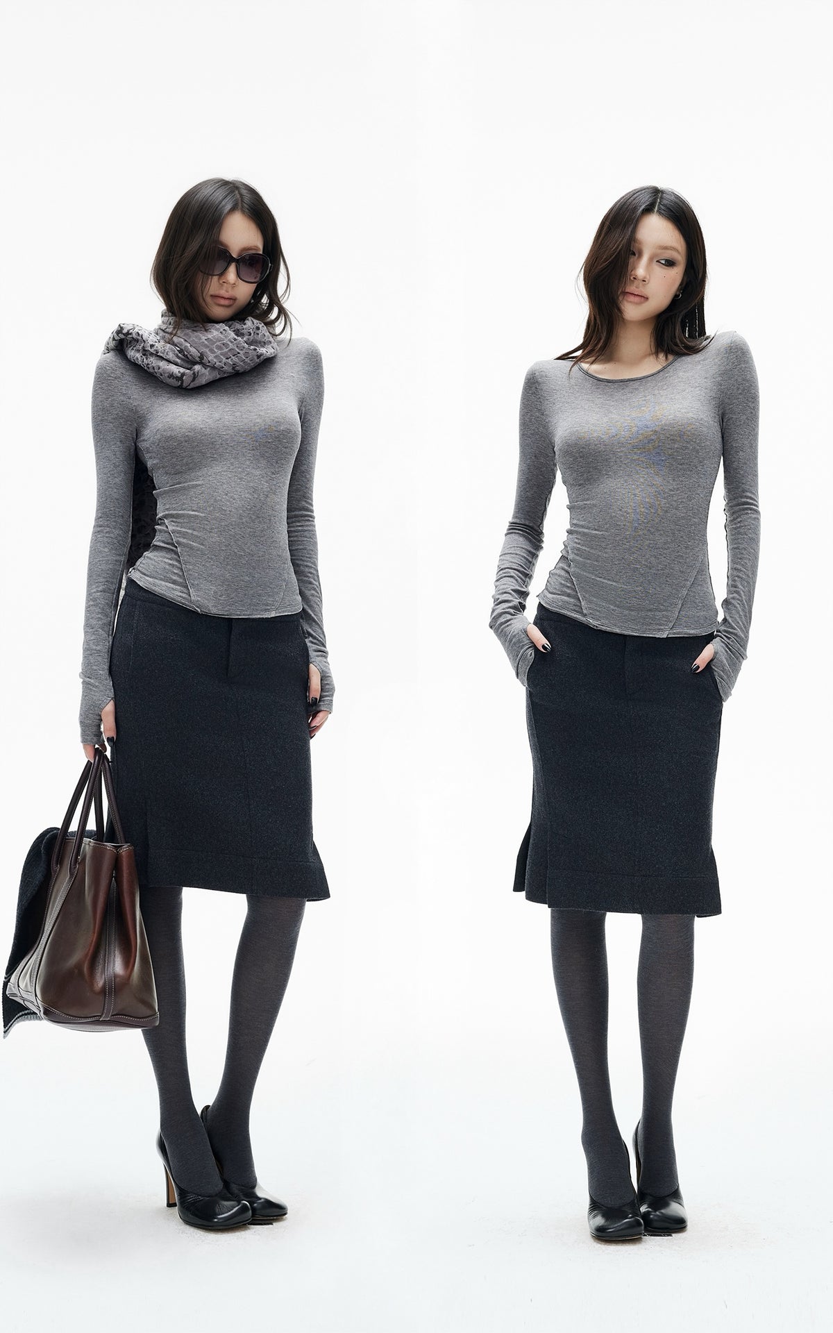 IAMXIAA Vintage-Inspired Charcoal Grey Tailored Knee-Length Pencil Skirt with Side Slit