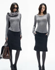 IAMXIAA Vintage-Inspired Charcoal Grey Tailored Knee-Length Pencil Skirt with Side Slit