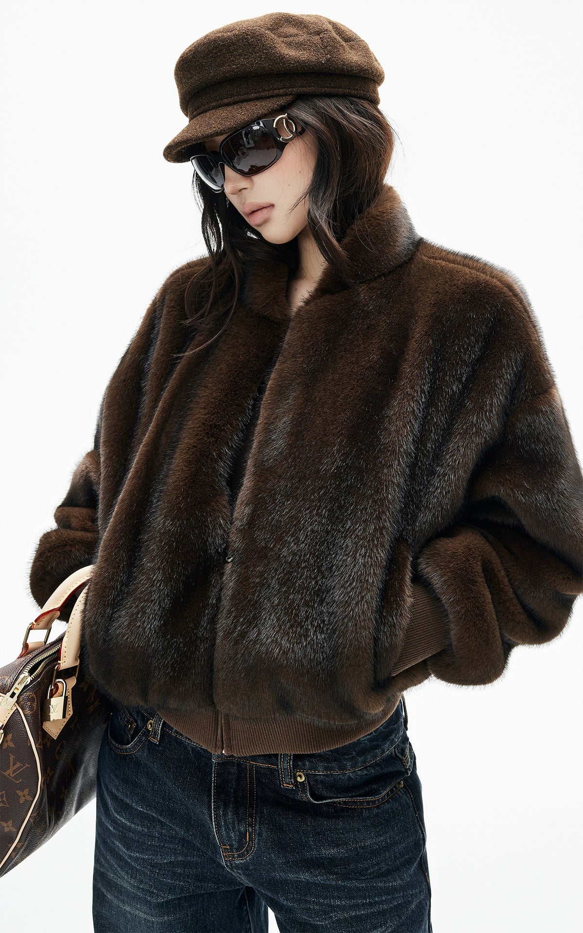 IAMXIAA Chocolate Brown Fur-Effect Cropped Bomber Jacket
