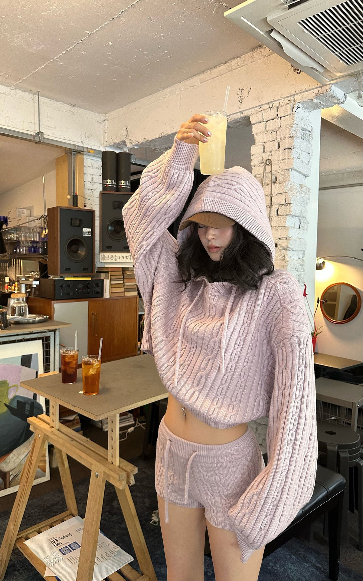 WARDEN EDGE Dusty Pink Cable Knit Hooded Sweater and Shorts Set