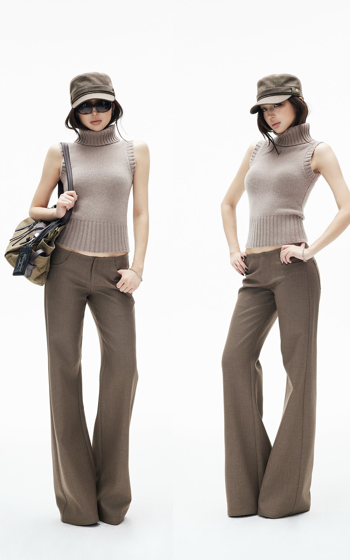 IAMXIAA Retro Slim-Fit Turtleneck Sleeveless Wool Knit Top with Ribbed Hem