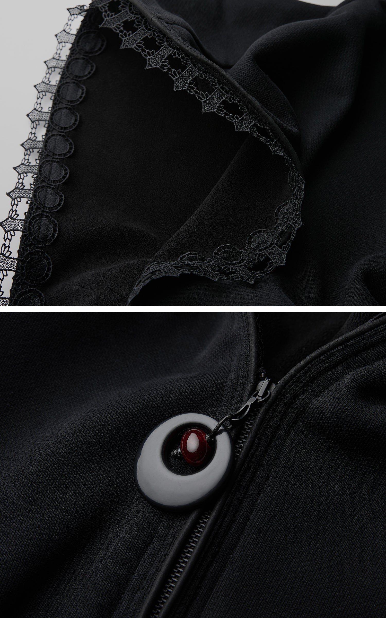 DOINDULGE Long-Hood Gothic Jacket with Lace Trim and Sculpted Corset Detail