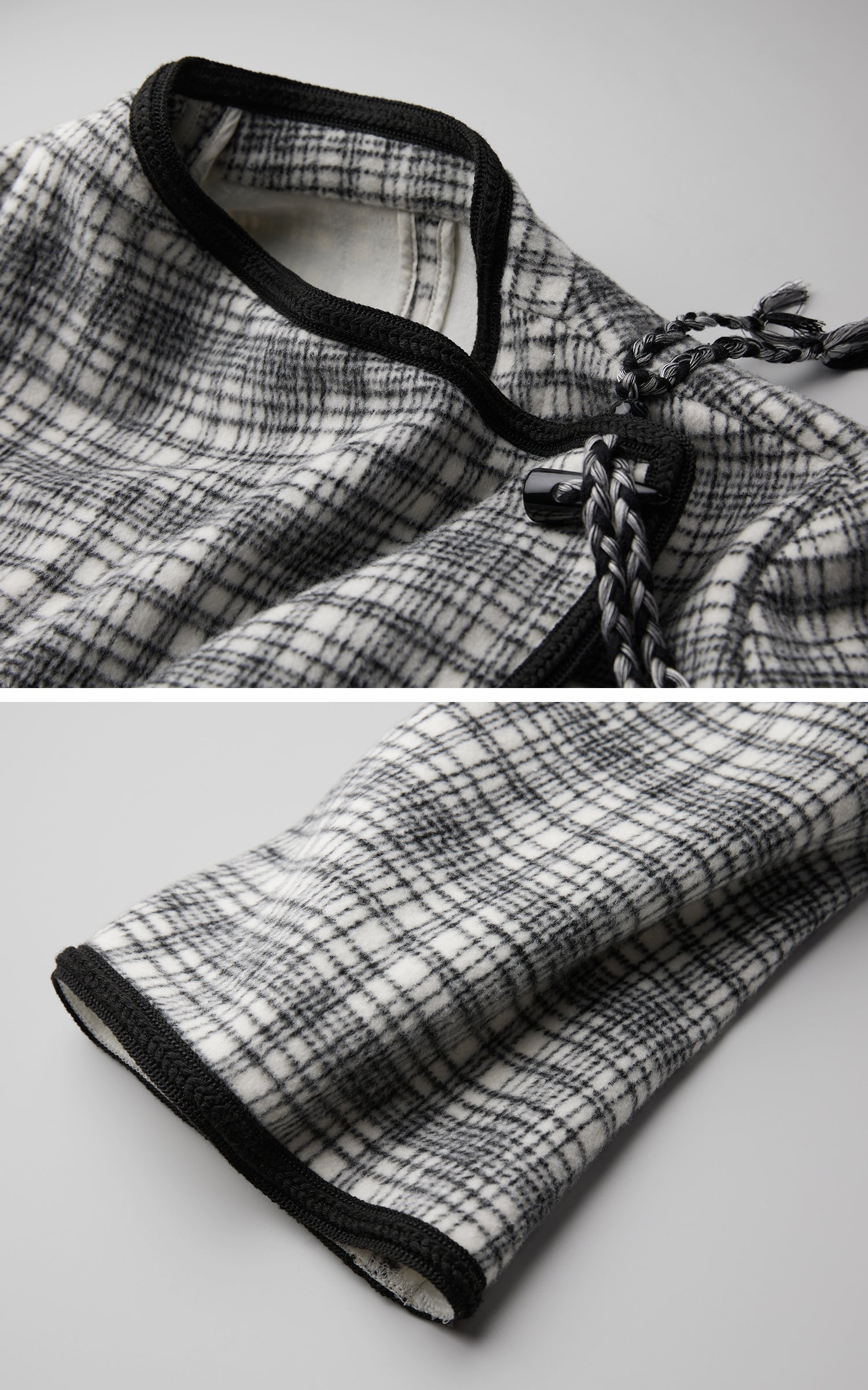 DOINDULGE Structured Fleece-Lined Plaid Jacket with Asymmetric Drape and Braided Closure