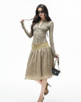 IAMXIAA Structured Waist Crinkle Midi Skirt