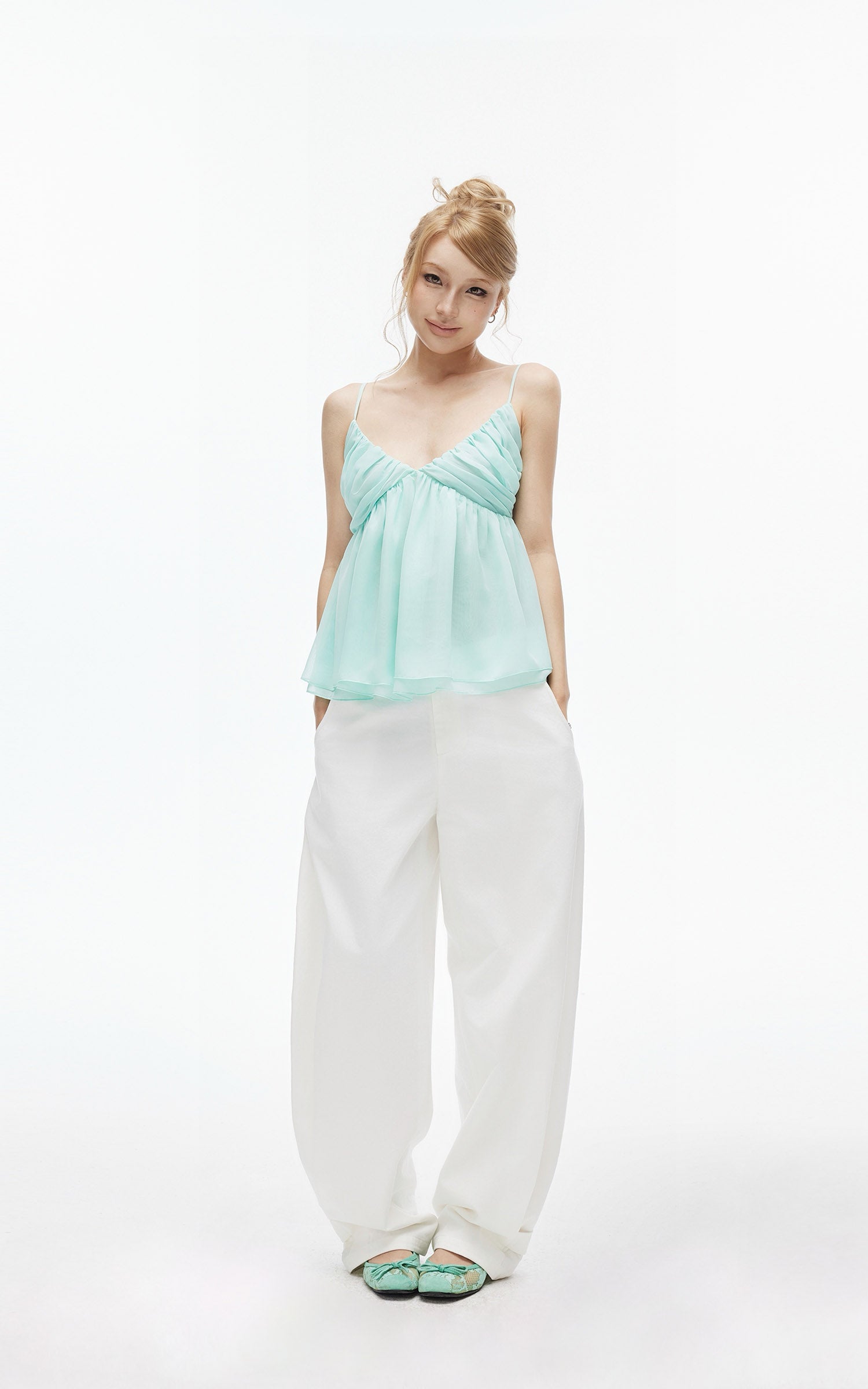 IAMXIAA Mint Chiffon Ruched Babydoll Cami Top