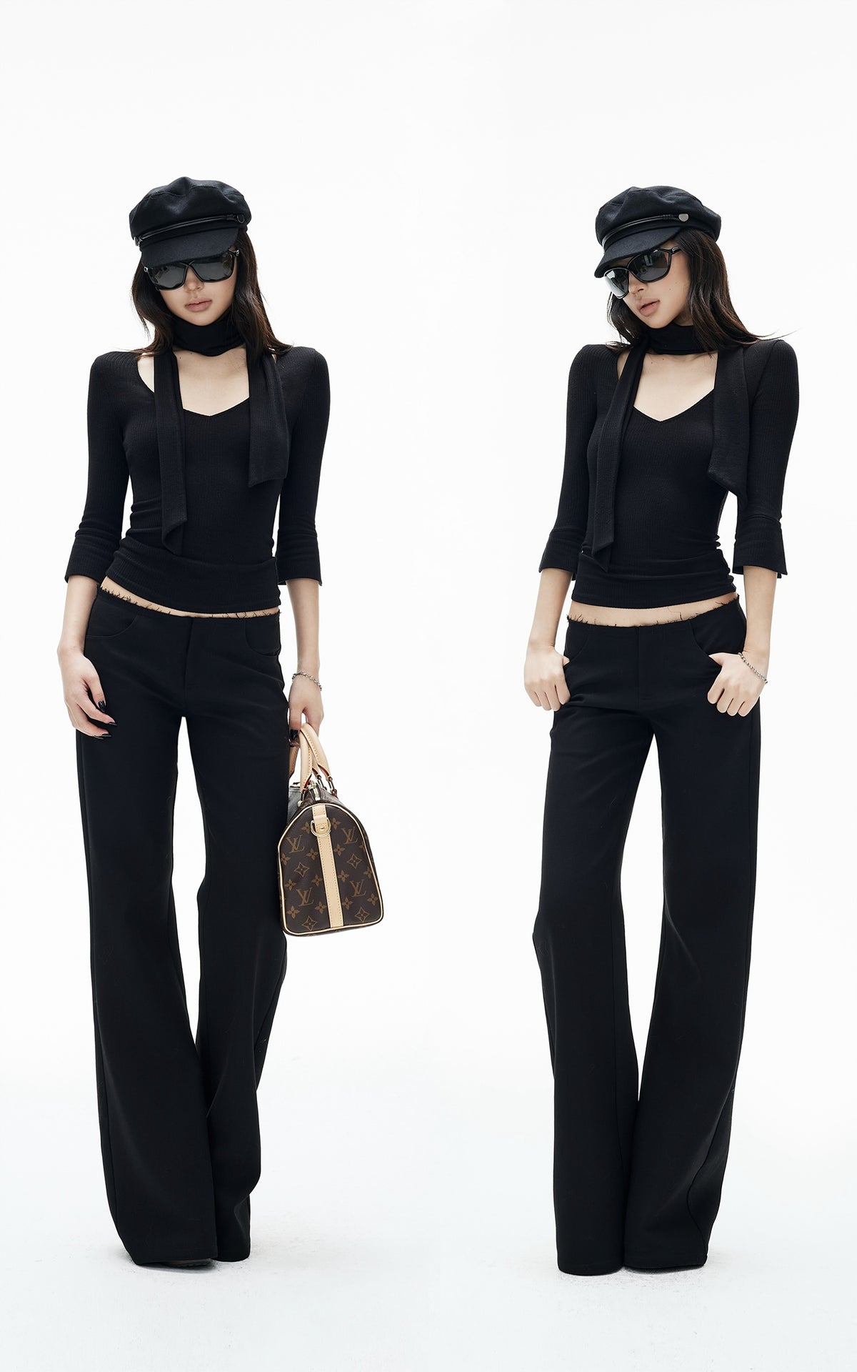 IAMXIAA Scarf-Neck Ribbed Slim-Fit Top with Three-Quarter Sleeves