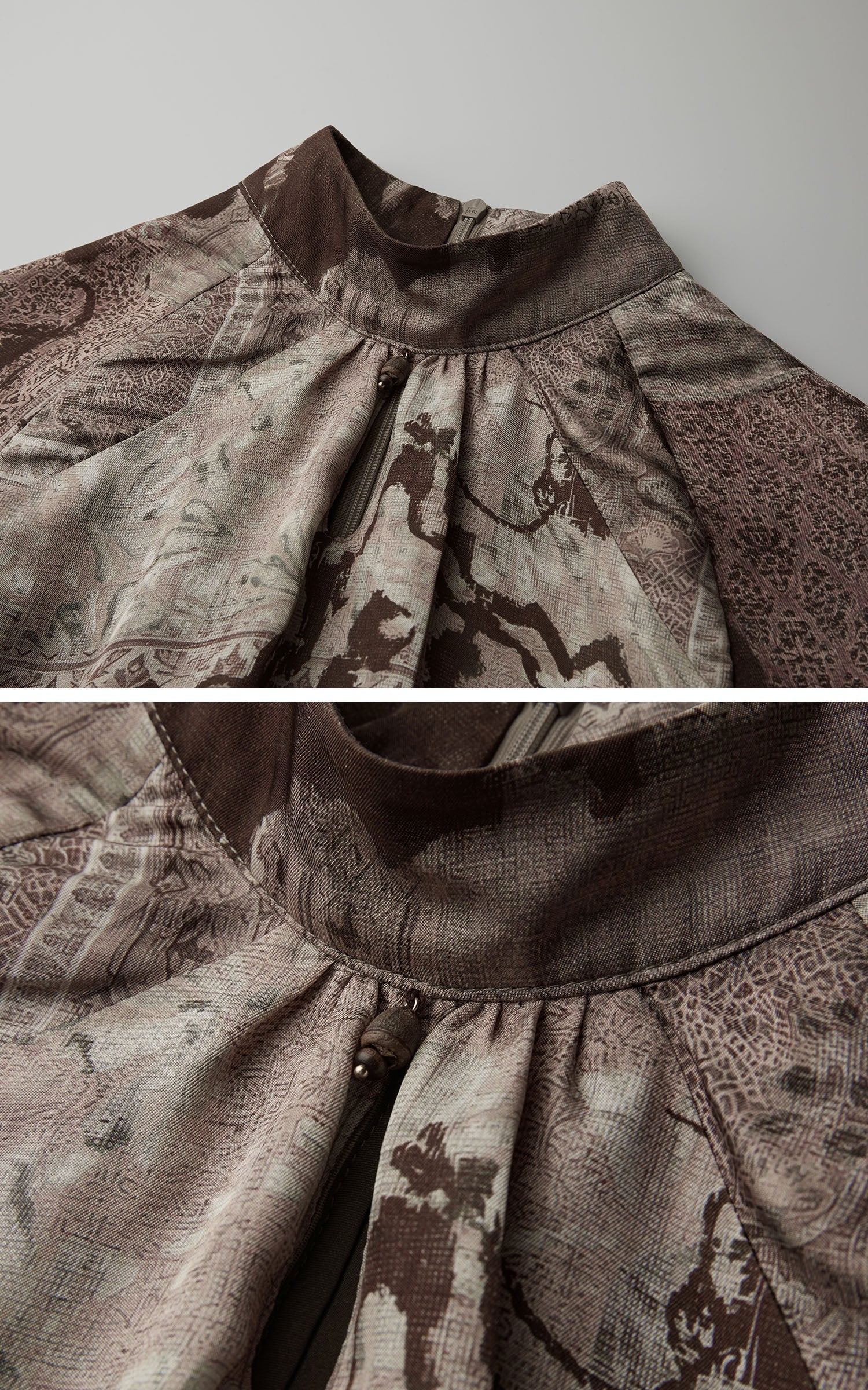 DOINDULGE Distressed Archive Print High Neck Long Sleeve Dress with Lace Waist Structure