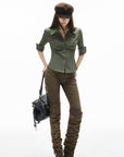 IAMXIAA Chemise ajustée utilitaire à boutons olive