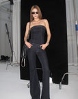 IAMXIAA Strapless Denim Top and Flared Pants Two-Piece Set