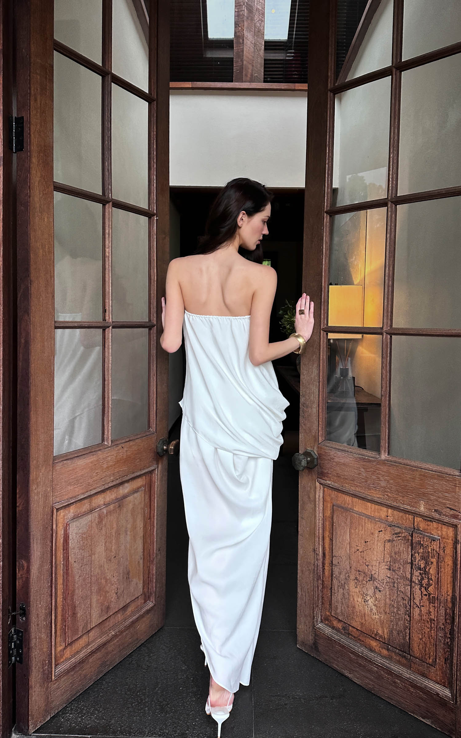 0122stepll Draped Strapless Top &amp; Ruched Maxi Skirt Set