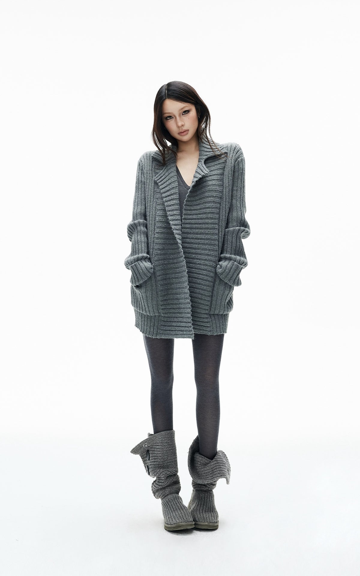 IAMXIAA Belted Ribbed Longline Knit Cardigan