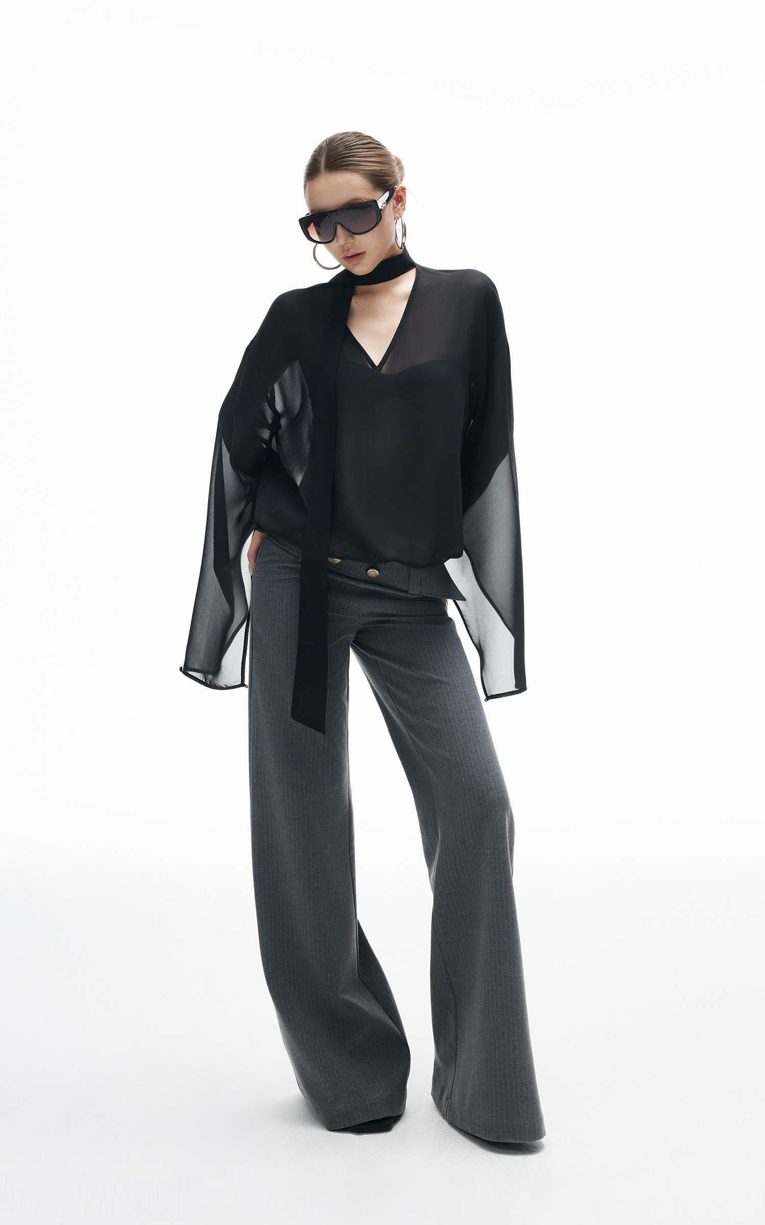 IAMXIAA Sheer Flowing Chiffon Top with Scarf Detail