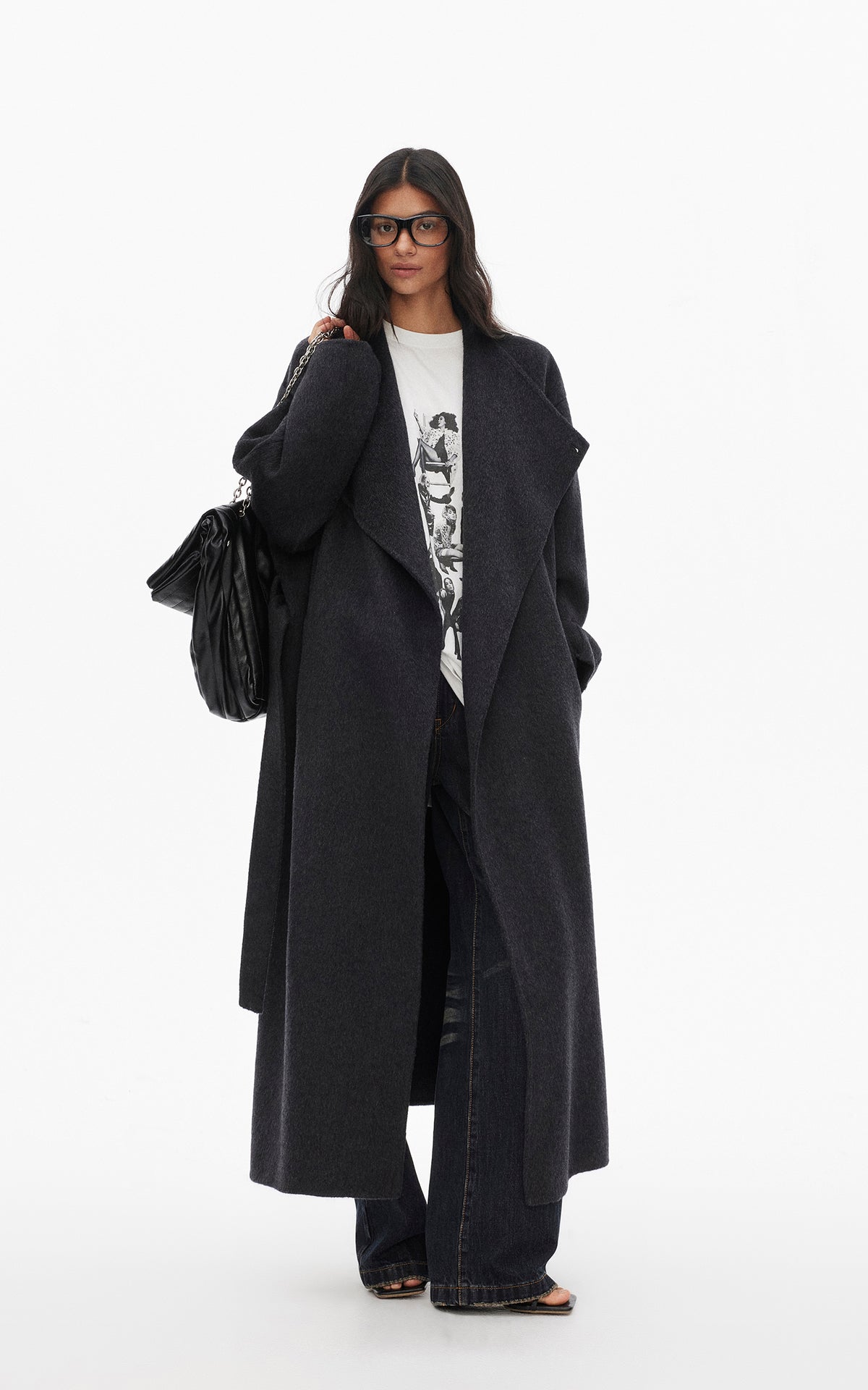 0122stepll Manteau long ample ceinturé à nouer