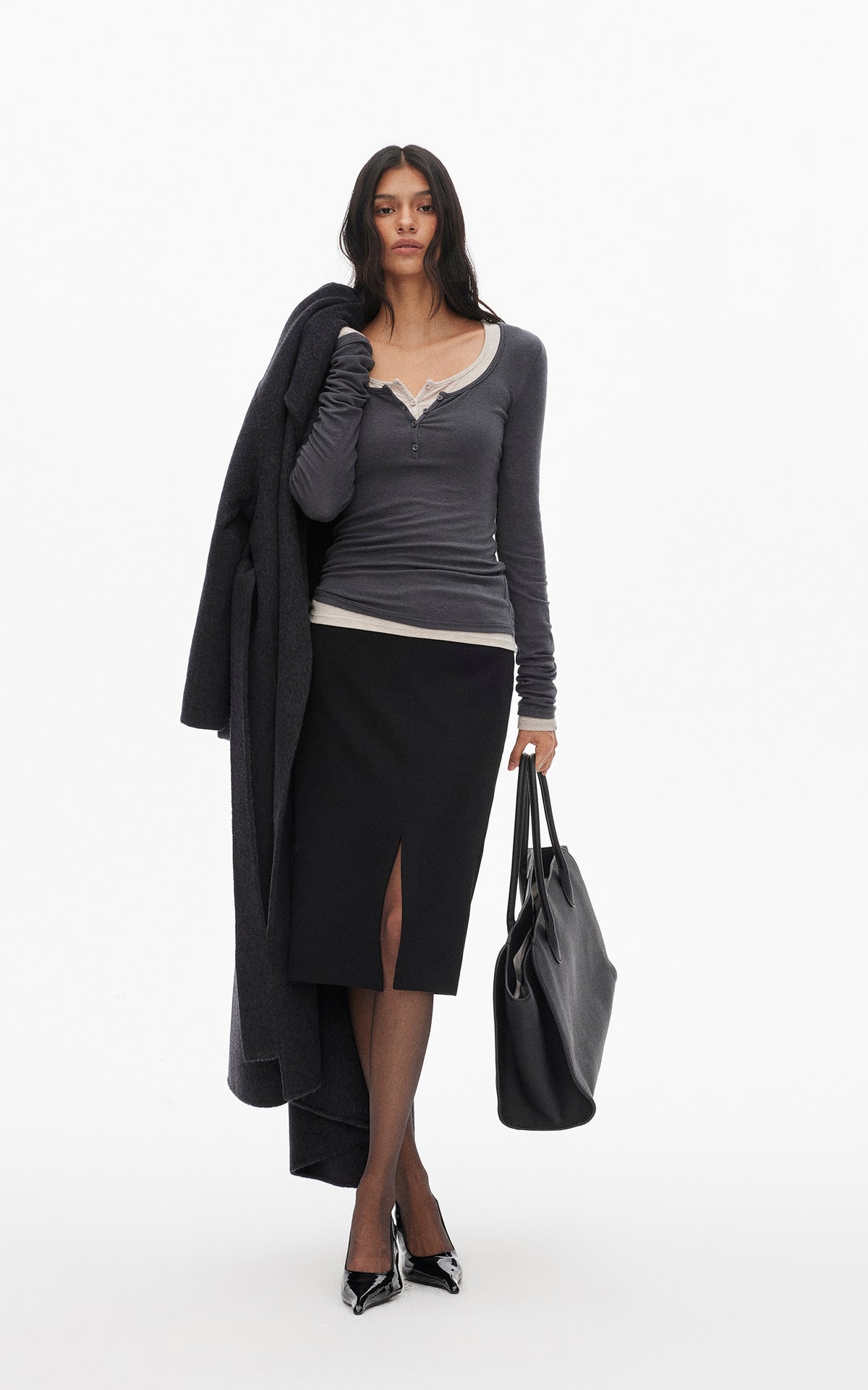 0122stepll Scoop Neck Button-Front Slim-Fit Long Sleeve T-Shirt