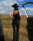 ROVENTE Lace Trim Tie Waist Flared Pants