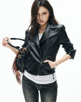 IAMXIAA Veste en cuir moto noire sculptée